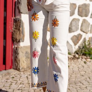 PANTALON WIDE LEG BLANC BRODERIE FLEUR – Image 2