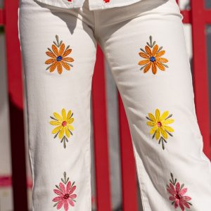 PANTALON WIDE LEG BLANC BRODERIE FLEUR – Image 3