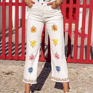 PANTALON WIDE LEG BLANC BRODERIE FLEUR – Image 5