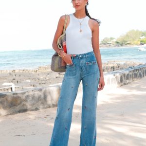 Pantalon Wide Leg&Large broderie fleur H5019 – Image 1