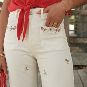 Pantalon Wide Leg&Large broderie fleur blanc H5019 – Image 3