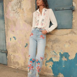 Pantalon Wide LEG &large jeans broderie – Image 1